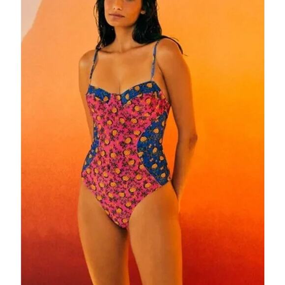 Farm Rio NWT Fruit Dots Bi Printed One Piece Swimsuit In Pink And Blue Size XL - Picture 1 of 14